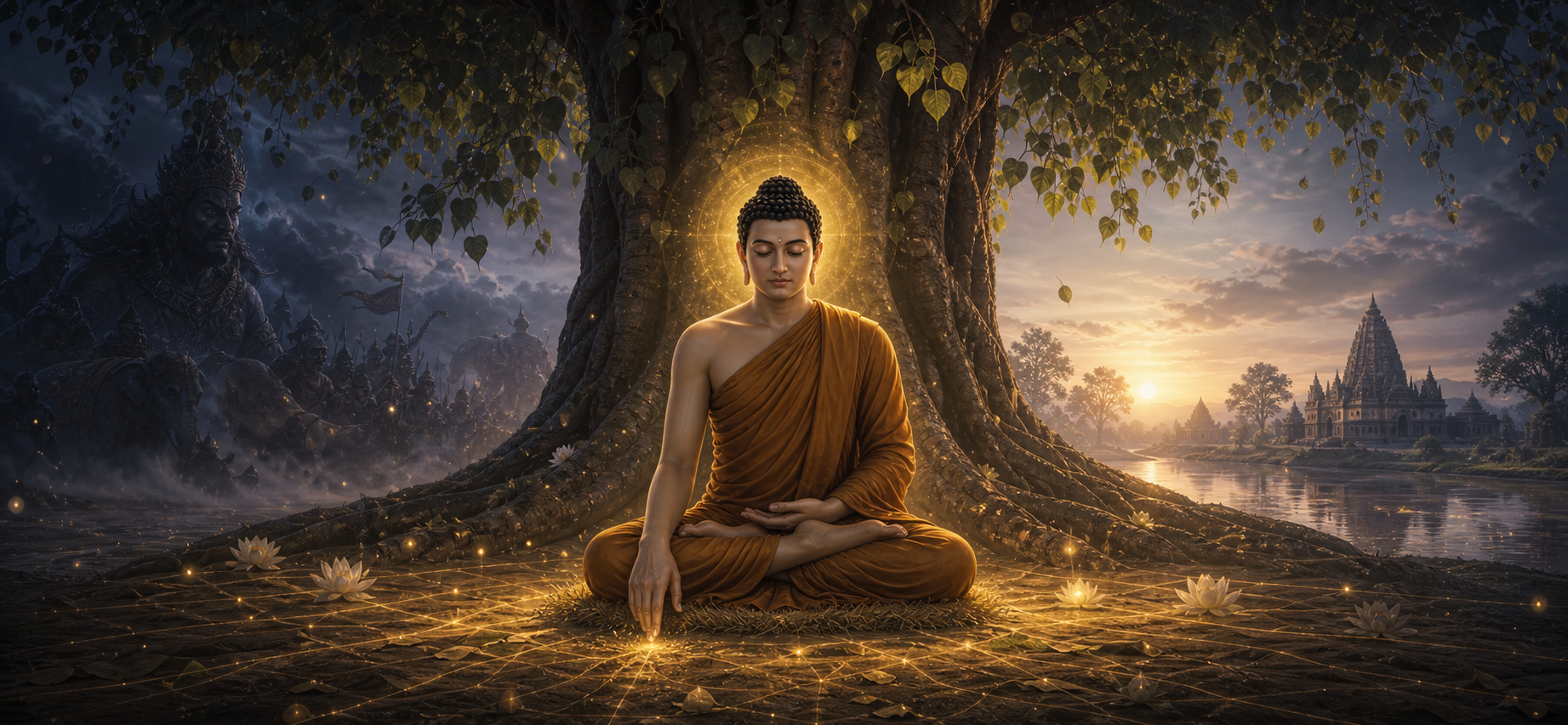 Buddha attaining enlightenment beneath the Bodhi tree as Mara's turmoil dissolves into peace