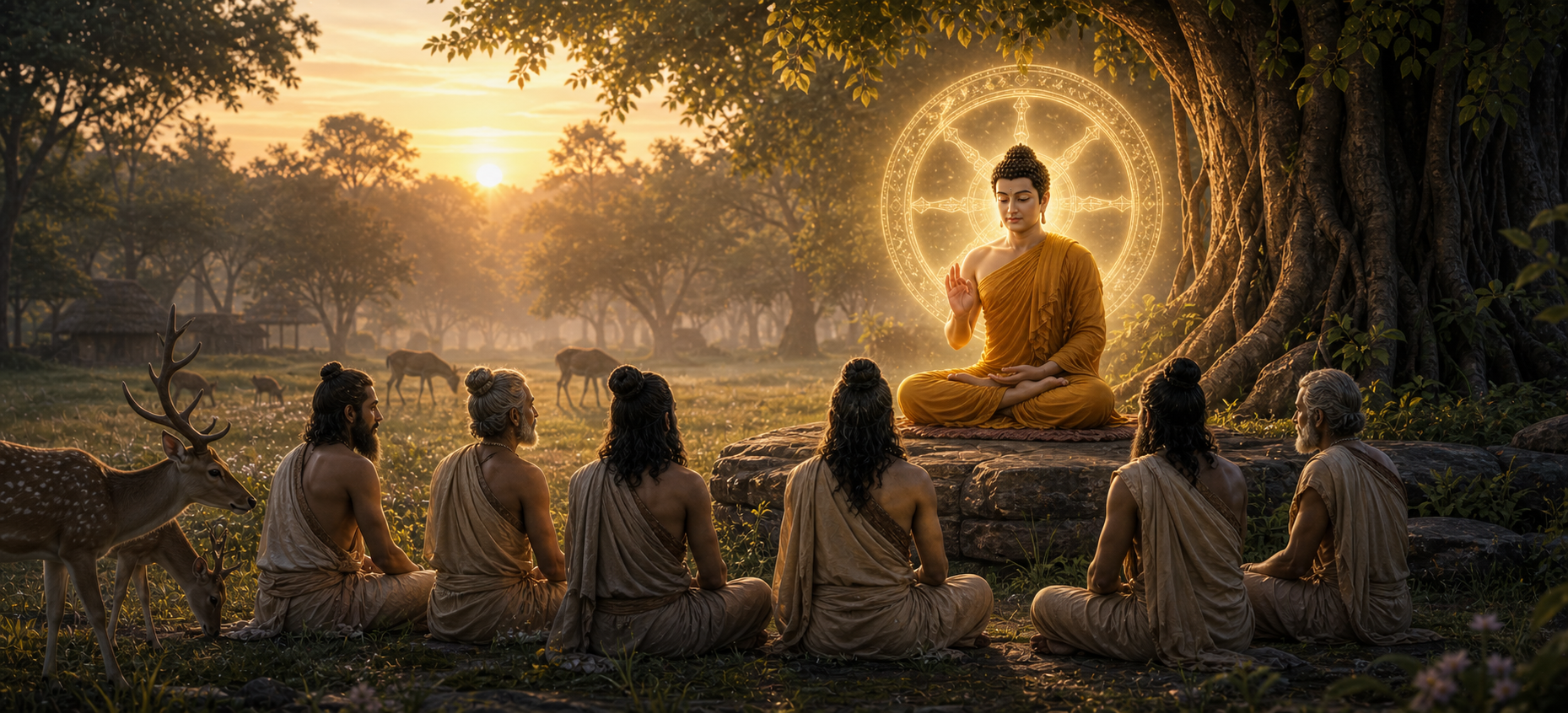 Buddha giving the first sermon at Deer Park in Sarnath to the five ascetics