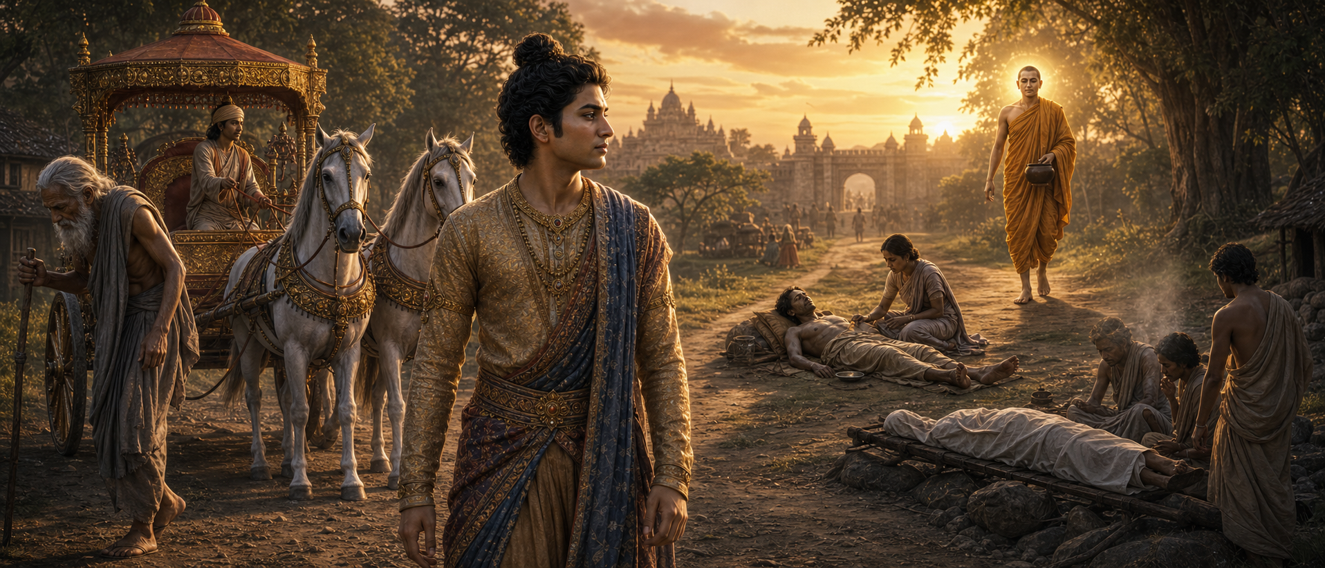 Prince Siddhartha encountering old age, sickness, death, and a peaceful renunciate outside the palace