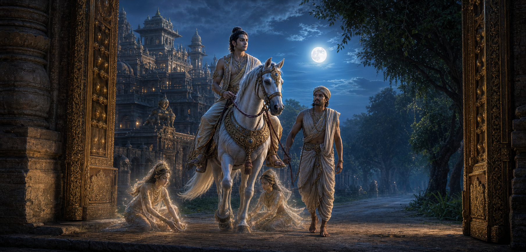 Prince Siddhartha leaving the palace at night on Kanthaka with Channa during the Great Renunciation