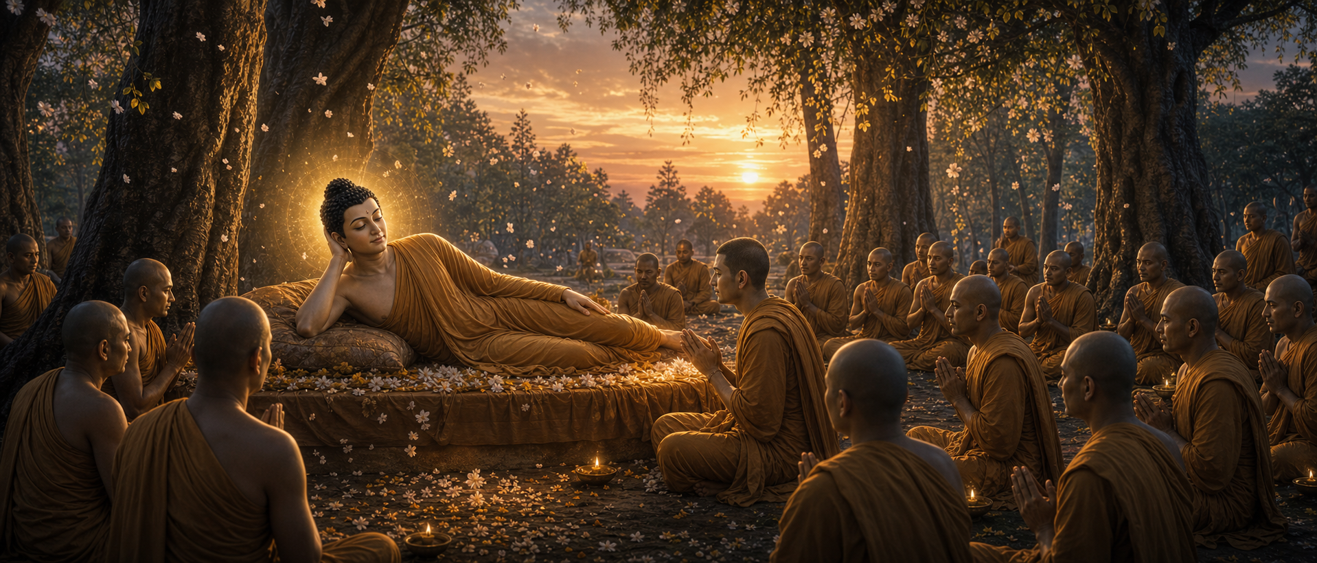 Buddha giving final teaching near Kushinagar beneath sal trees before Mahaparinirvana