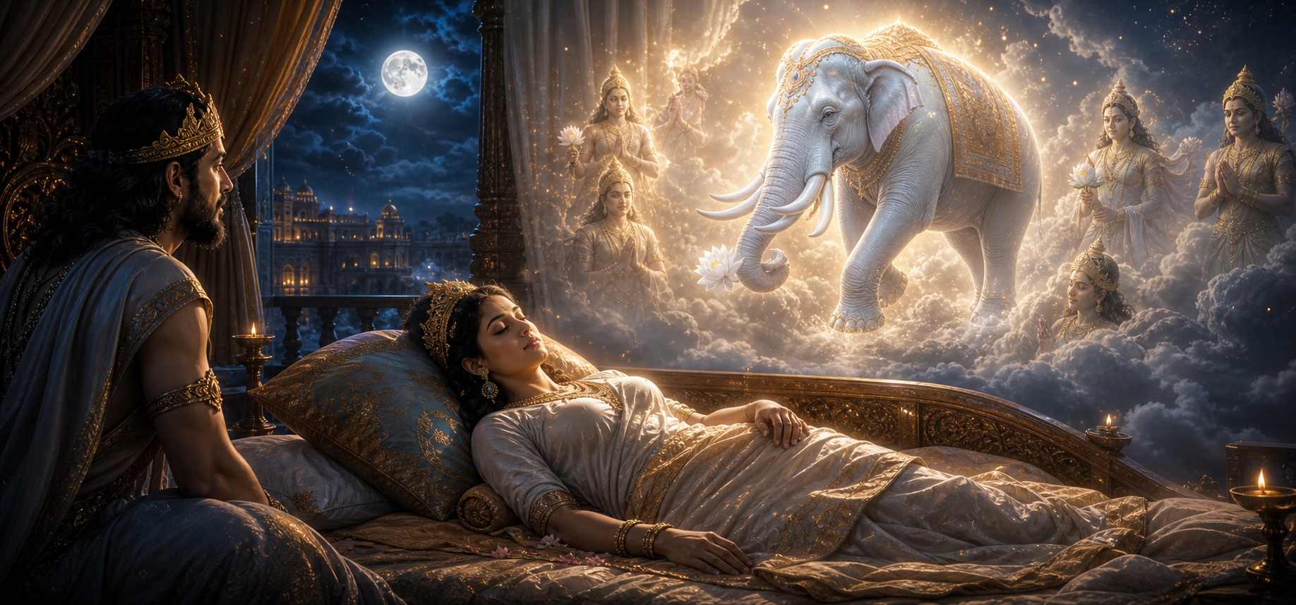 Queen Maya's auspicious dream of a luminous white elephant before the birth of Siddhartha Buddha