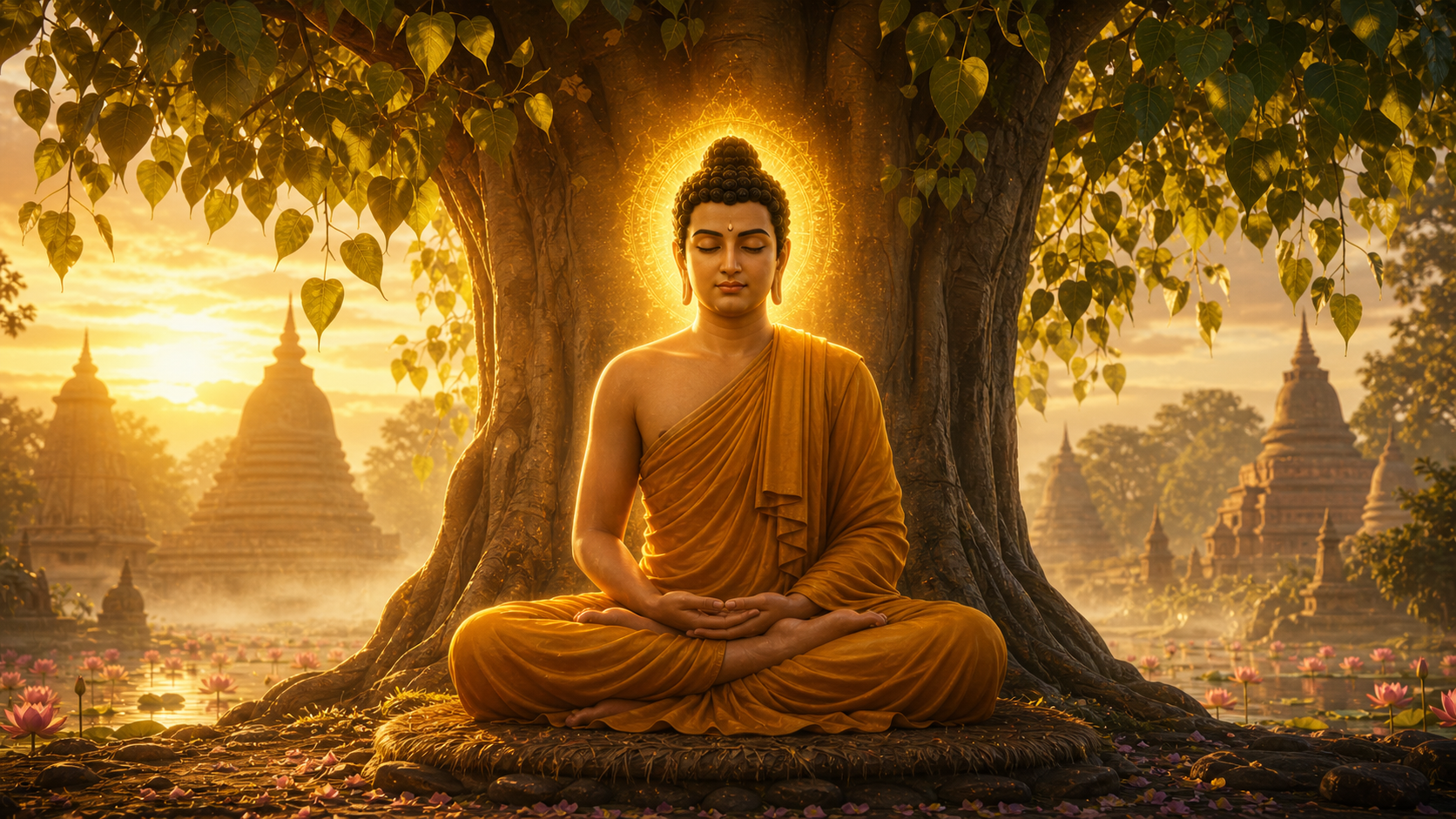 Buddha avatar in animated mythological style meditating peacefully beneath the Bodhi tree