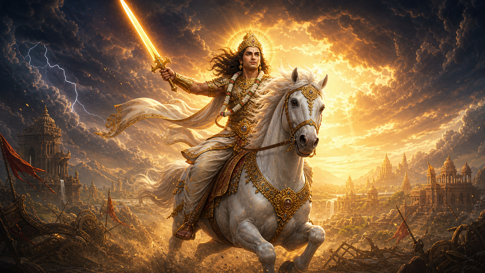 Lord Kalki in animated mythological style riding a white horse with a sword of light