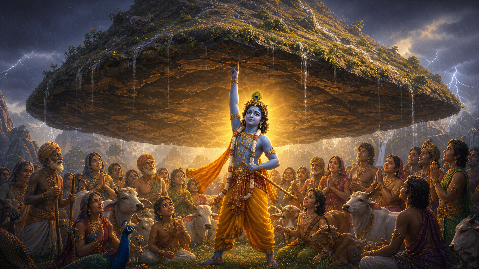 Lord Krishna in animated mythological style lifting Govardhana to protect devotees