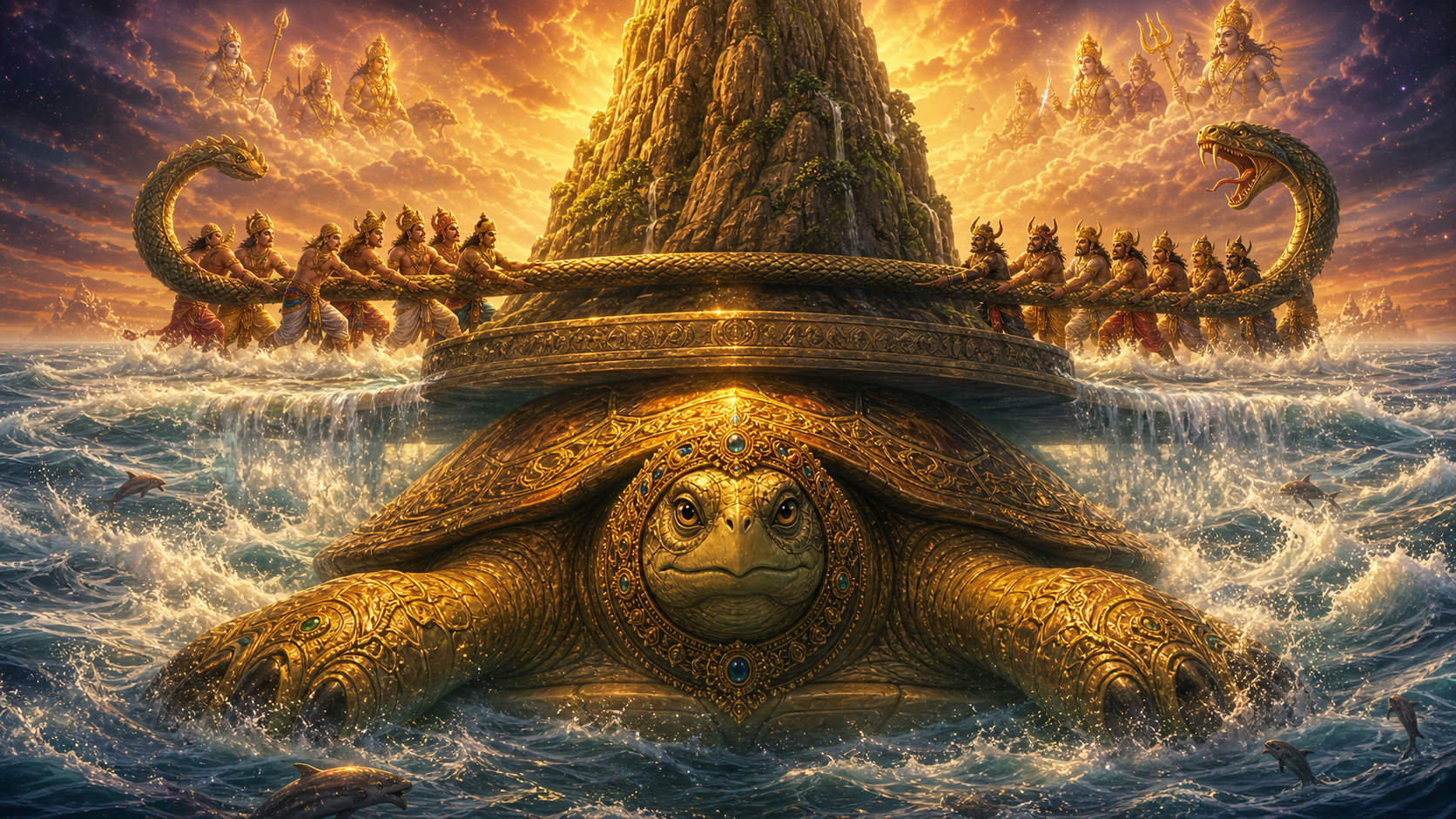 Lord Kurma in animated mythological style supporting Mount Mandara during the churning of the ocean