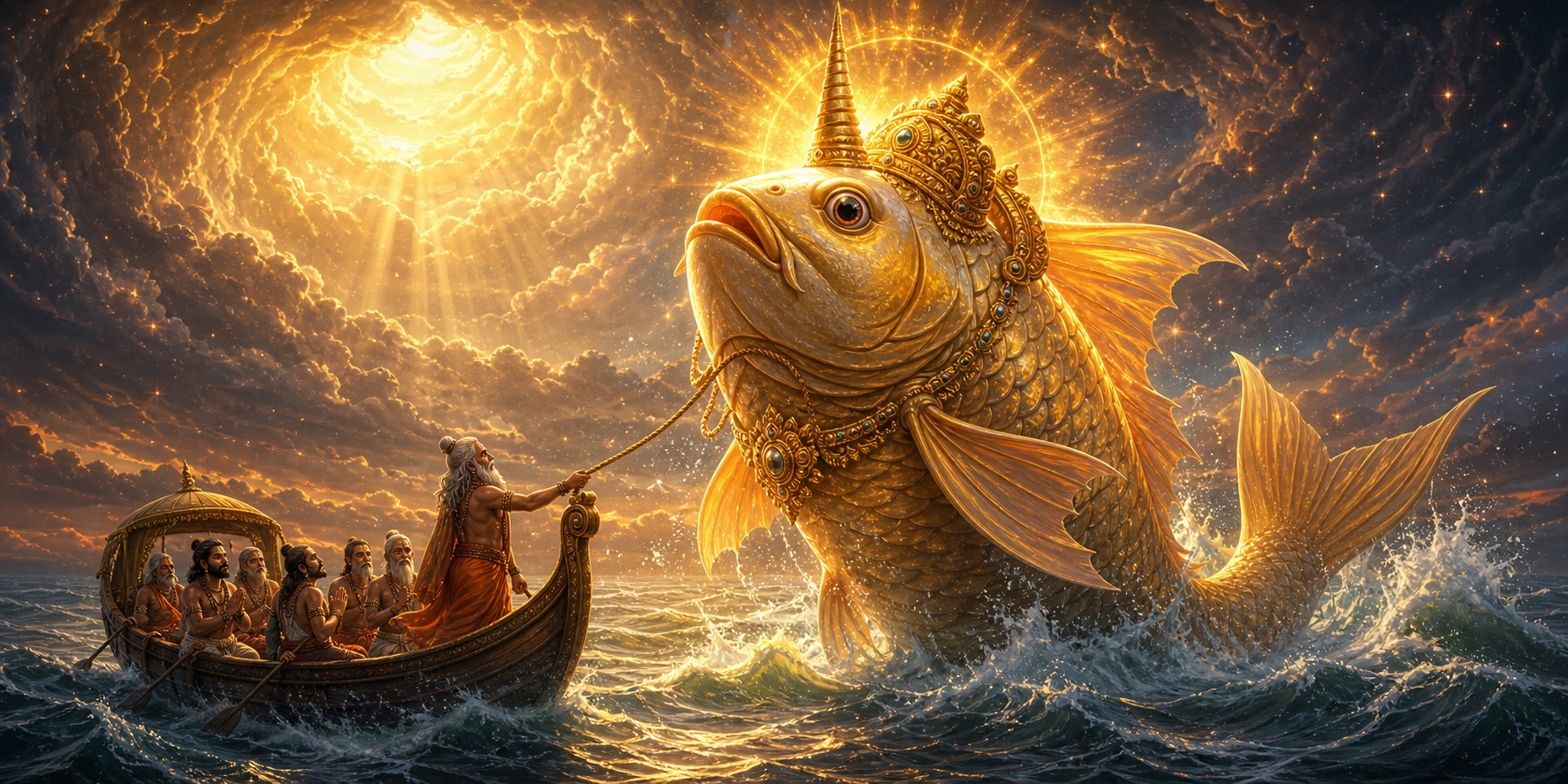 Lord Matsya in golden animated mythological style rising from the cosmic flood while protecting Manu and the sages