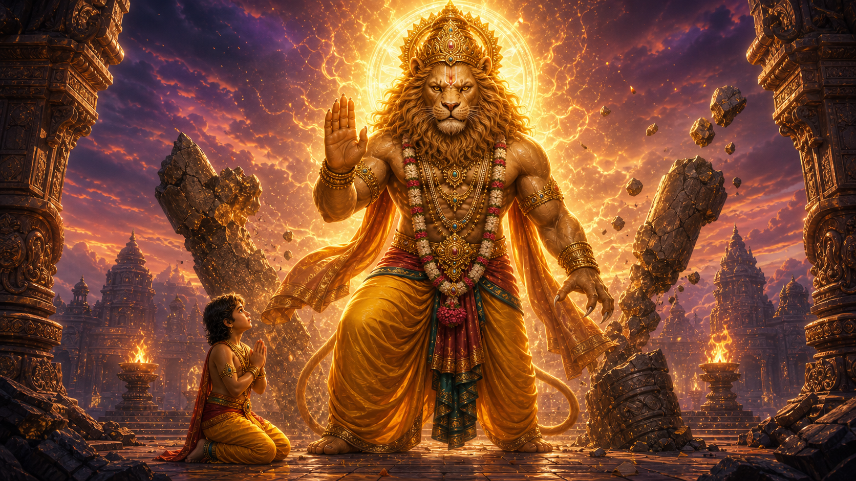 Lord Narasimha in animated mythological style standing as the fierce compassionate protector of Prahlada