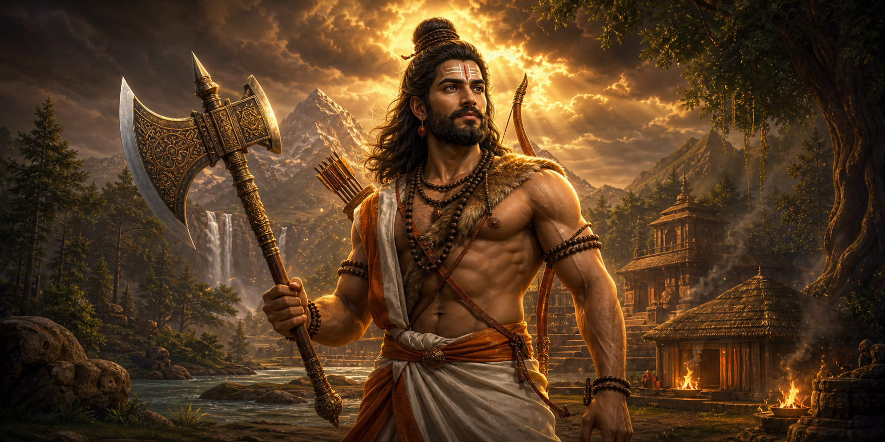 Lord Parashurama in animated mythological style holding the divine axe in a forest hermitage