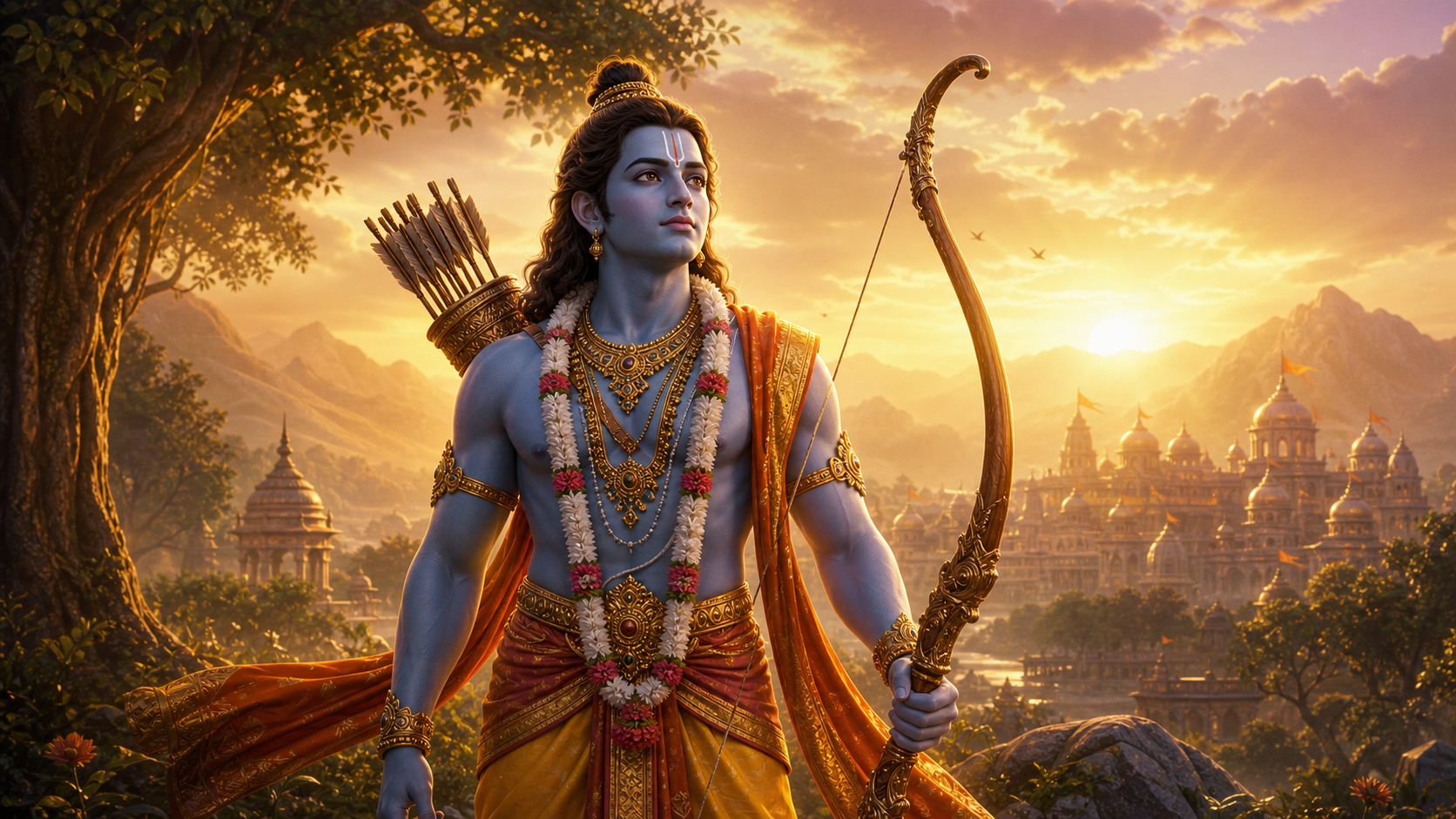 Lord Rama in animated mythological style standing with the Kodanda bow in golden dawn light