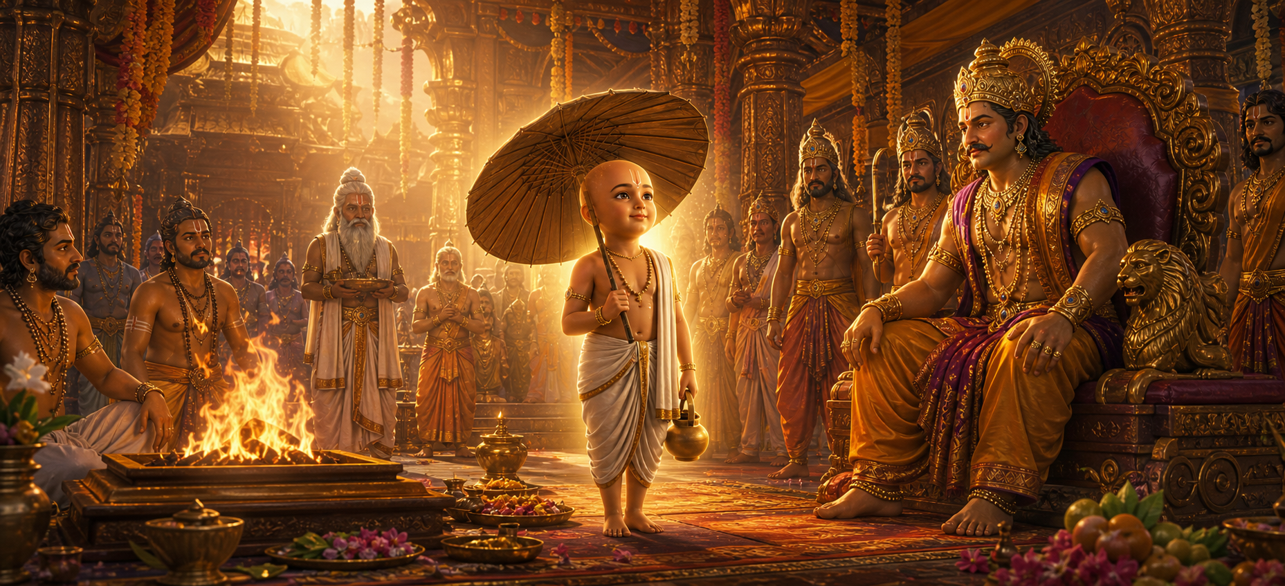 Lord Vamana in animated mythological style arriving at King Bali's yajna with umbrella and kamandalu