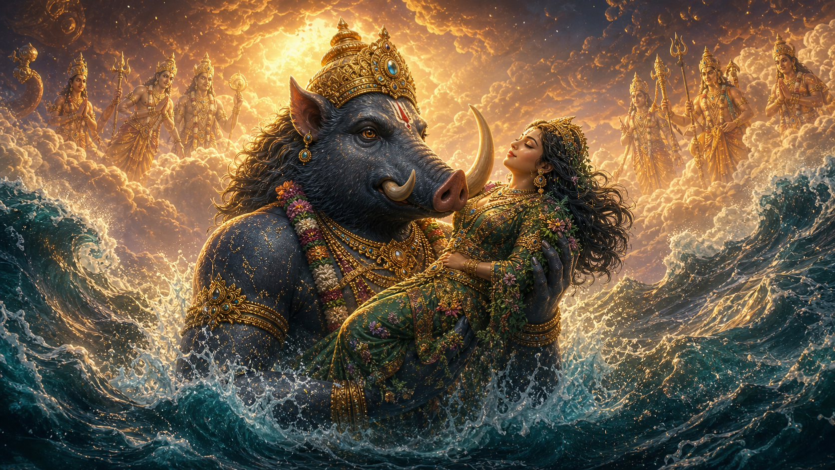 Lord Varaha in animated mythological style lifting Bhudevi from the cosmic ocean
