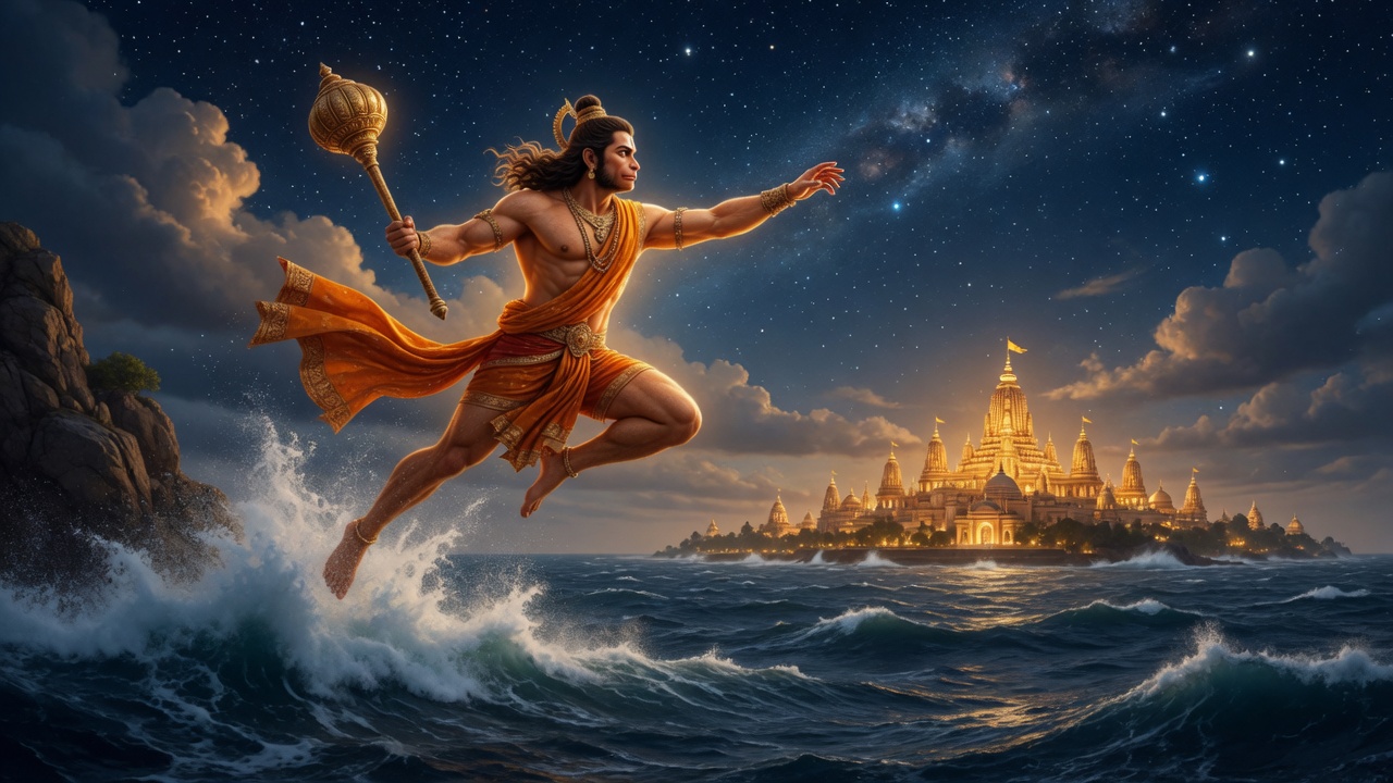 Hanuman leaping over the ocean toward Lanka