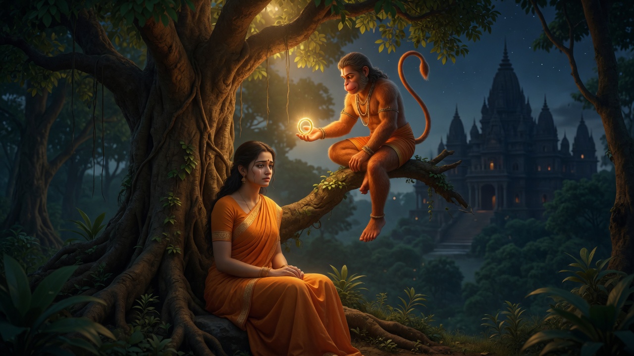 Hanuman finds Sita in the Ashoka grove