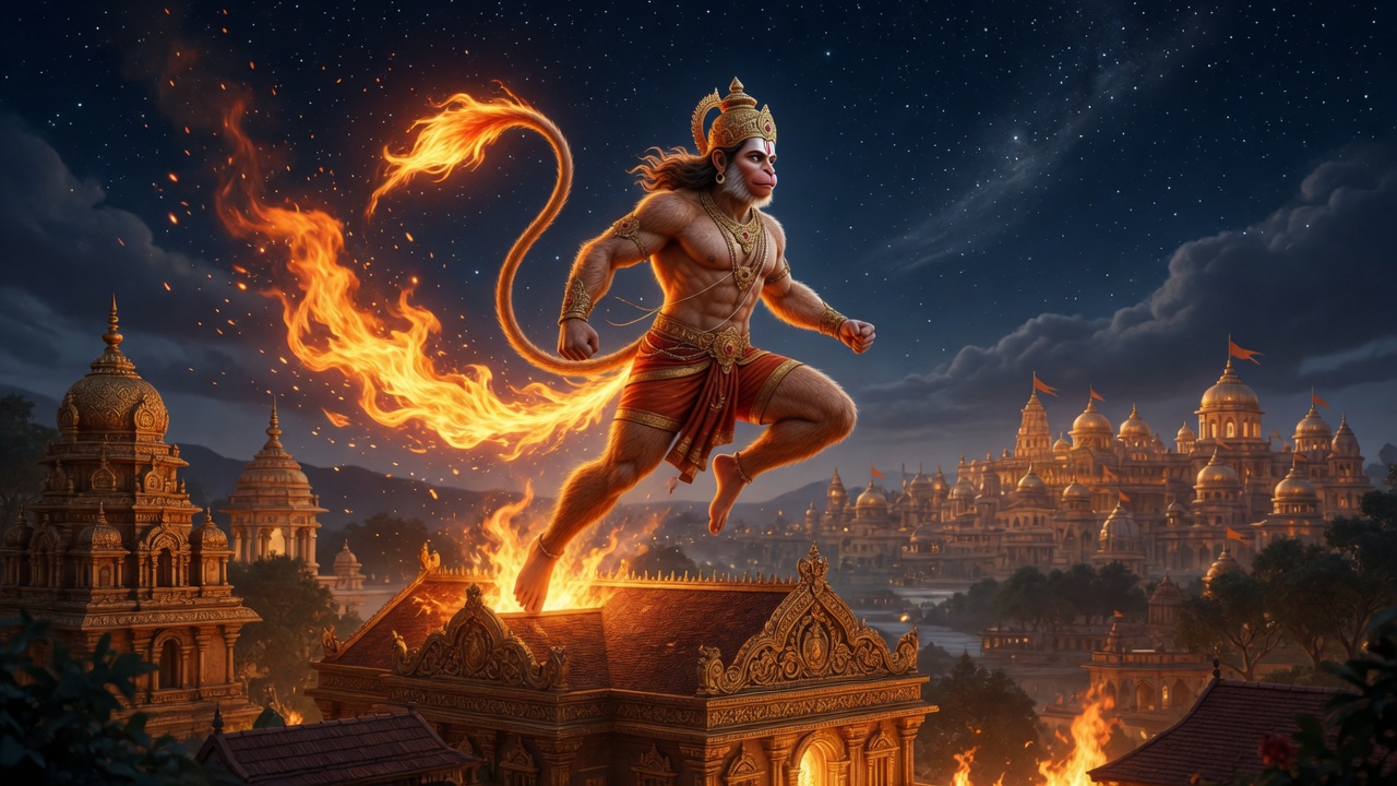 Hanuman with flaming tail in Lanka