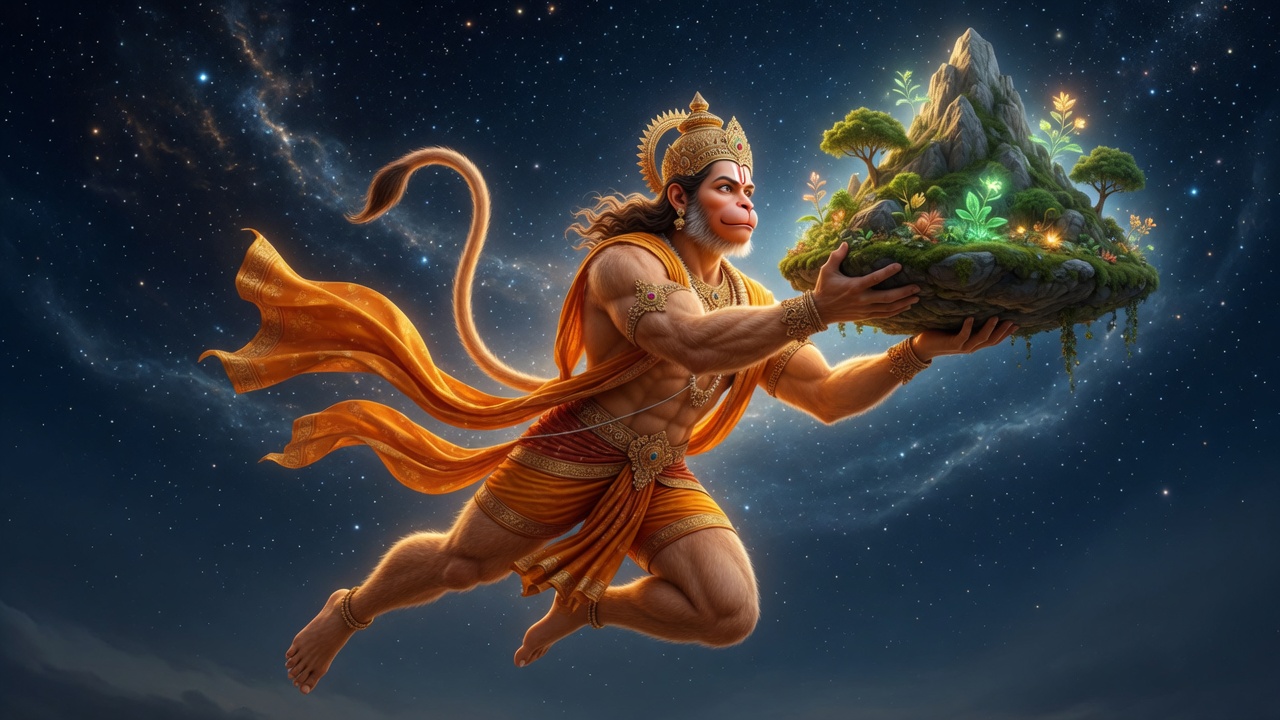 Hanuman carrying the Sanjeevani mountain
