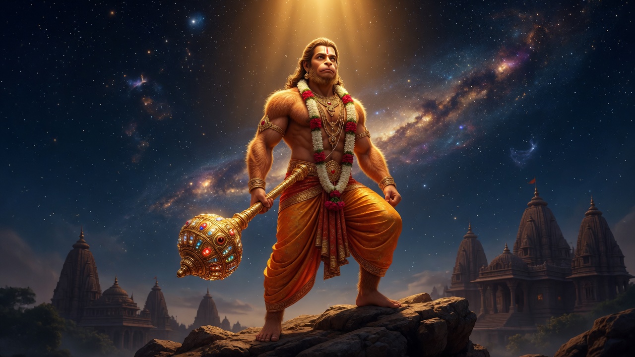 Hanuman with mace under starlight — sacred mythic painting