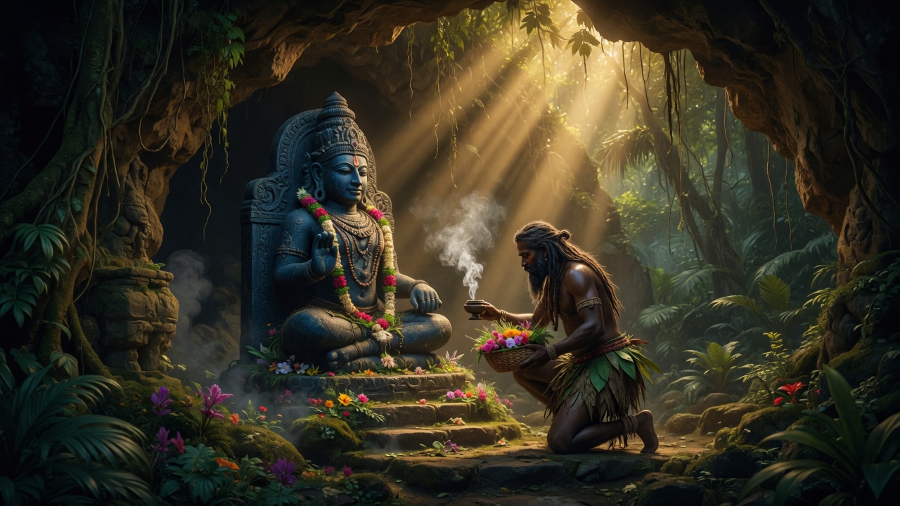 Sabara devotee worshipping Nilamadhava in the forest