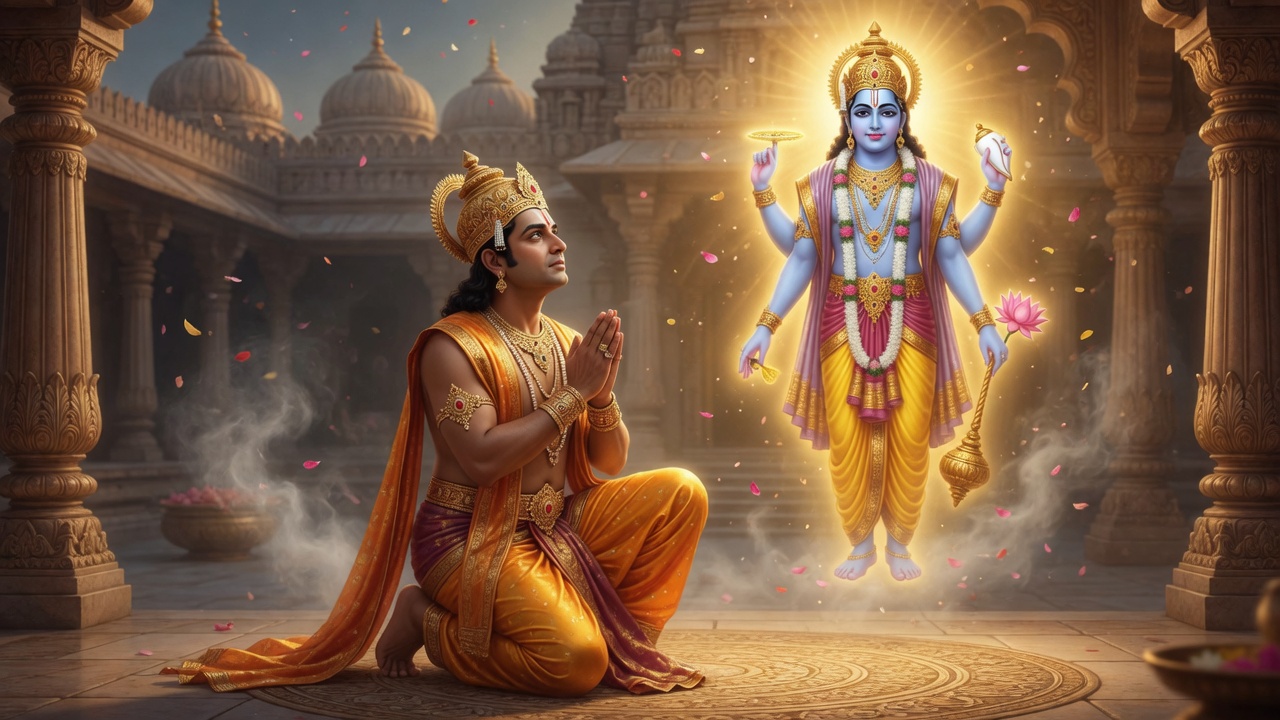 King Indradyumna in prayer before a vision of Vishnu