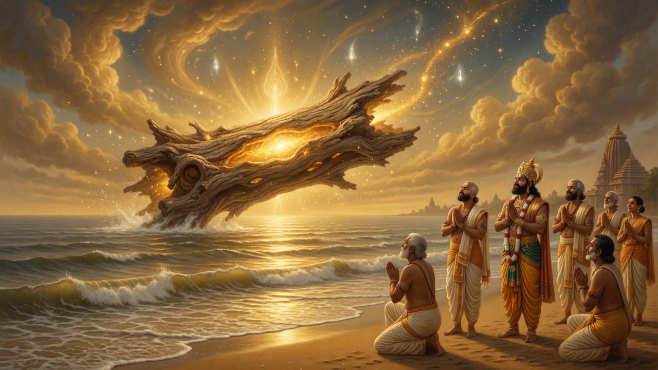 Sacred wooden log floating on the ocean with divine light