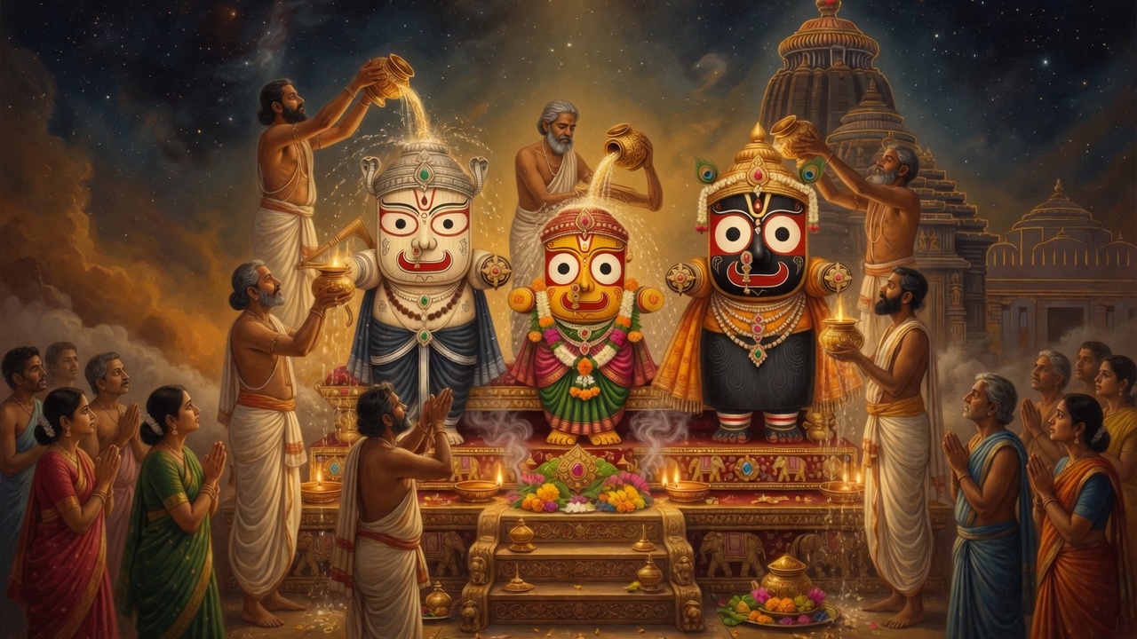 Ceremonial bathing of Balabhadra Subhadra and Jagannath at Snana Yatra