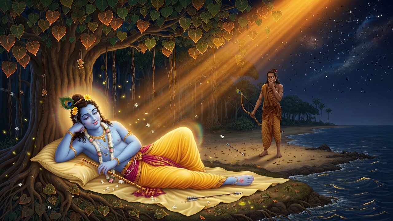 Lord Krishna at Prabhasa under a tree as hunter Jara realizes his error