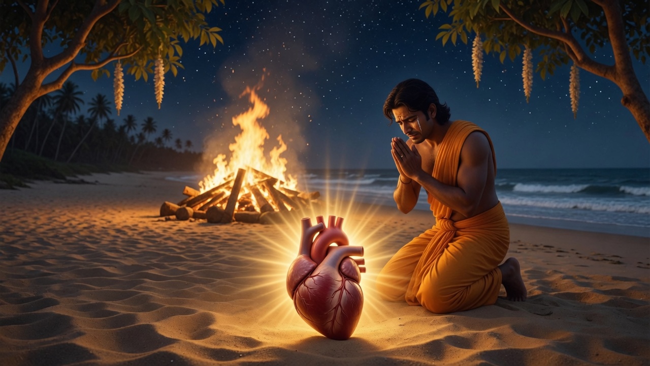 Arjuna kneeling by a funeral pyre as Krishna’s realistic unburnt heart glows with golden divine aura on the sand