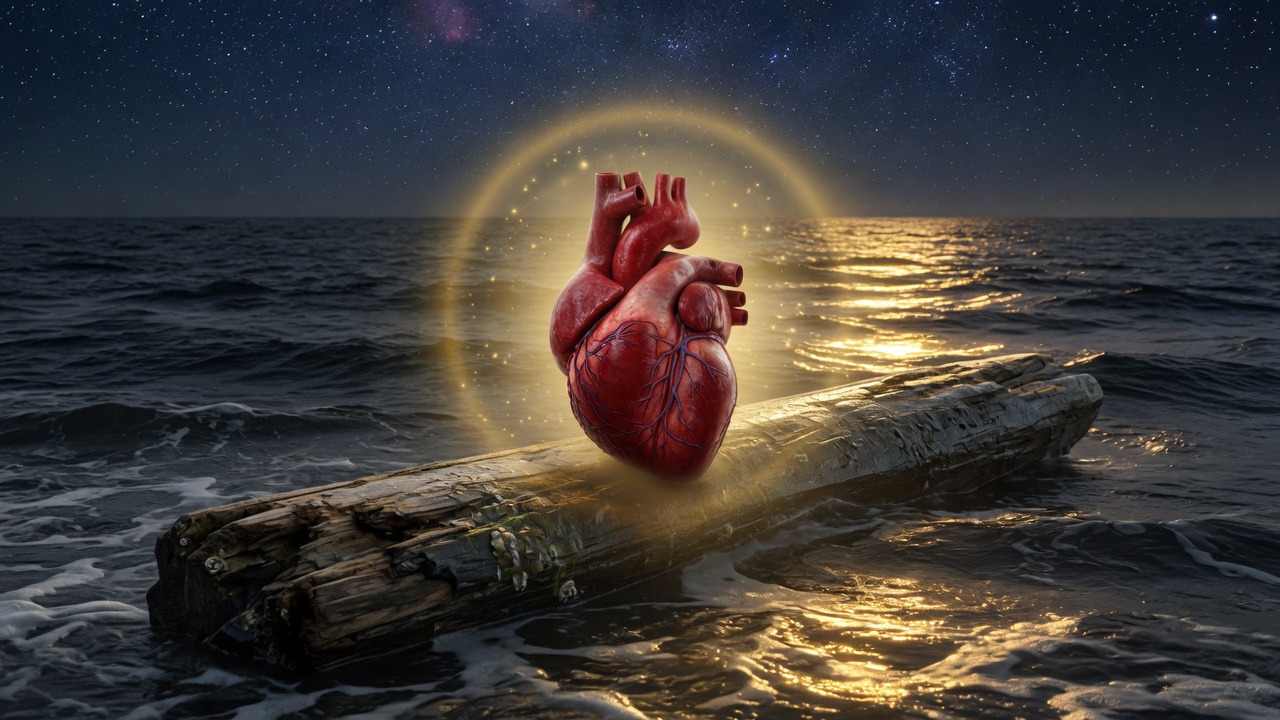 Realistic sacred heart of Krishna with golden-blue aura resting on a wooden log floating across the starlit ocean