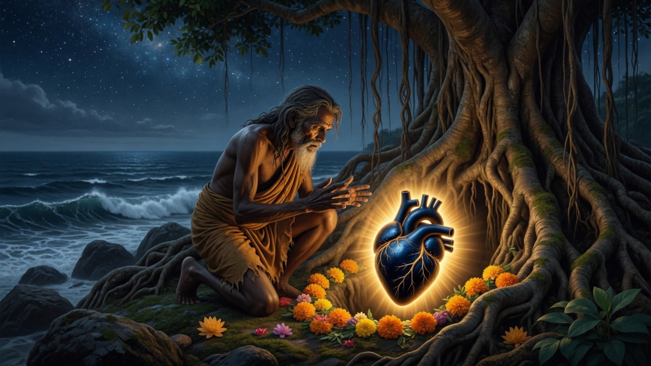Viswabasu discovering a realistic deep-blue sacred heart glowing with golden aura among banyan roots by the sea