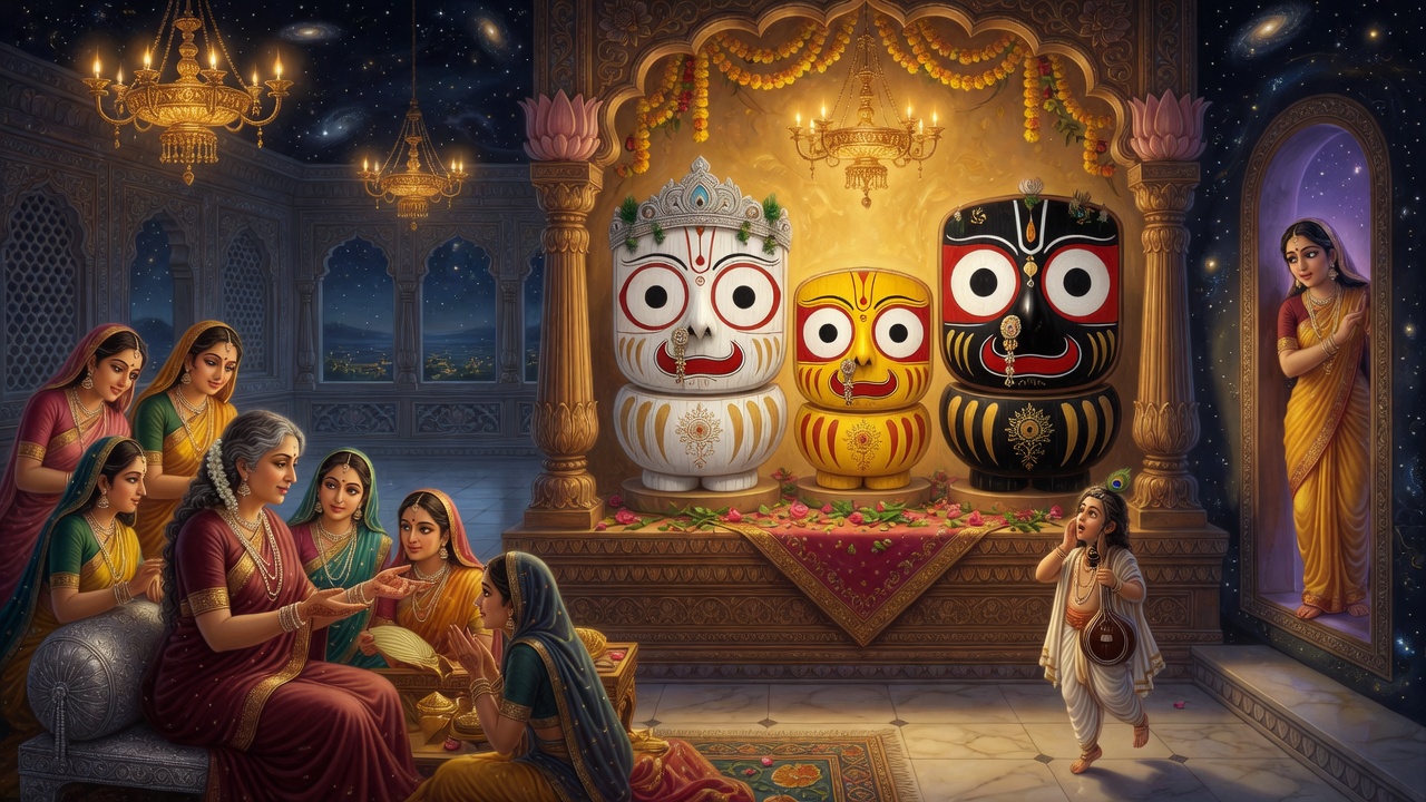 Krishna Balarama and Subhadra transformed with huge dilated eyes as Rohini tells Vrindavana pastimes