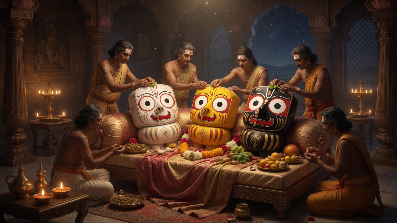 Deities in Anavasara seclusion receiving herbal care from Daita servitors