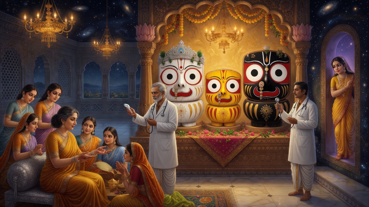 Ceremonial health check of Jagannath by doctors with thermometer before Rath Yatra