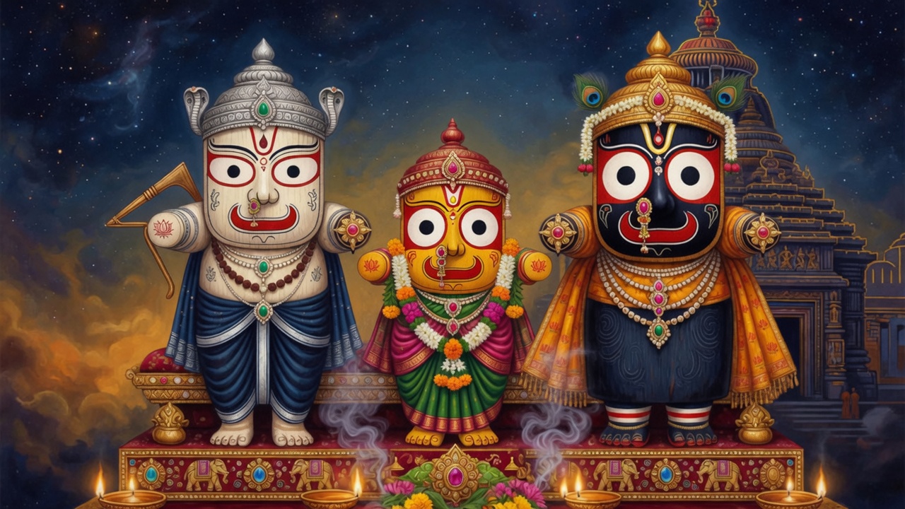 Balabhadra, Subhadra, and Jagannath on the sacred throne — Subhadra in the middle
