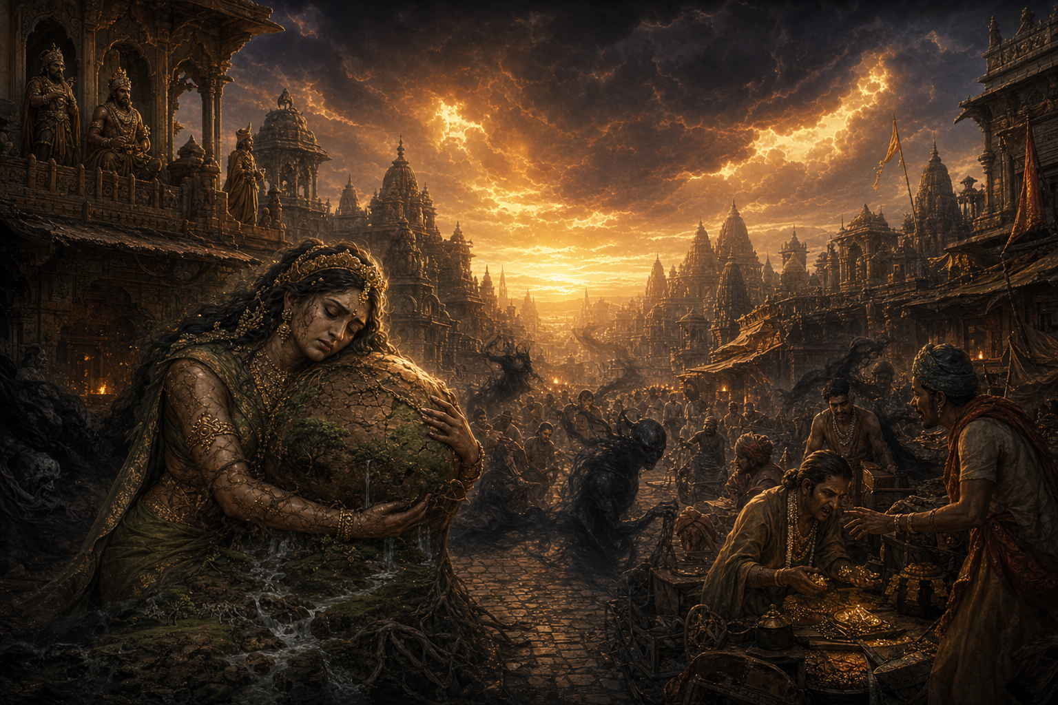 Twilight city at the end of Kali Yuga with dimming temple lights, false kings in shadow, and Kali's corruption spreading through the marketplace