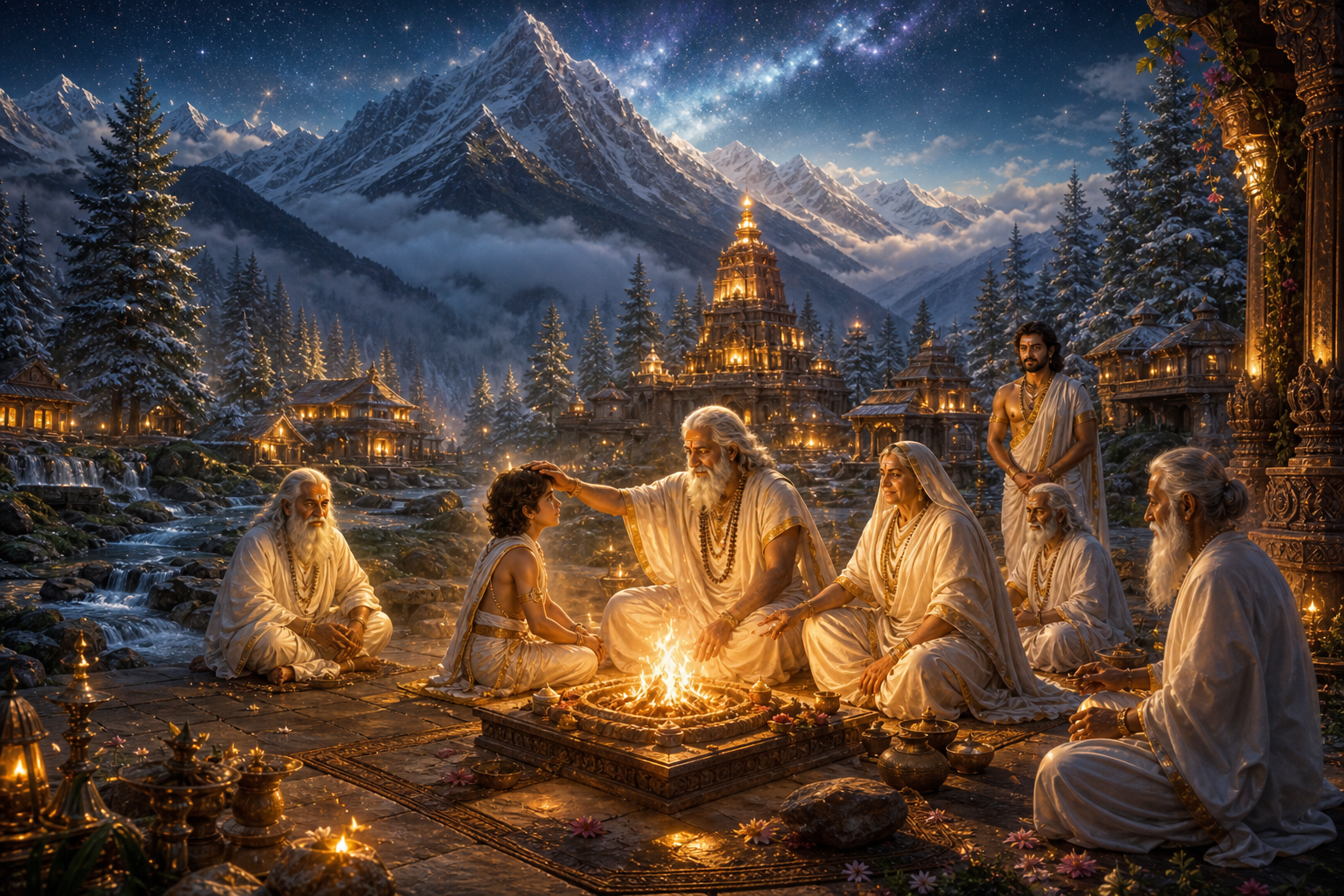 Hidden Himalayan valley of Shambhala with sacred fires, sages, and young Kalki receiving blessings beneath the stars