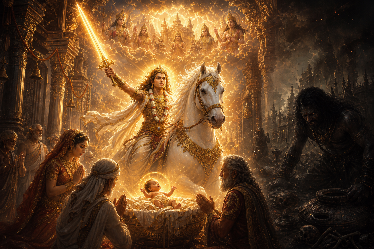 Kalki born with Vishnu marks receiving the white horse Devadatta and blazing sword while Kali's hidden corruption lurks in impure places