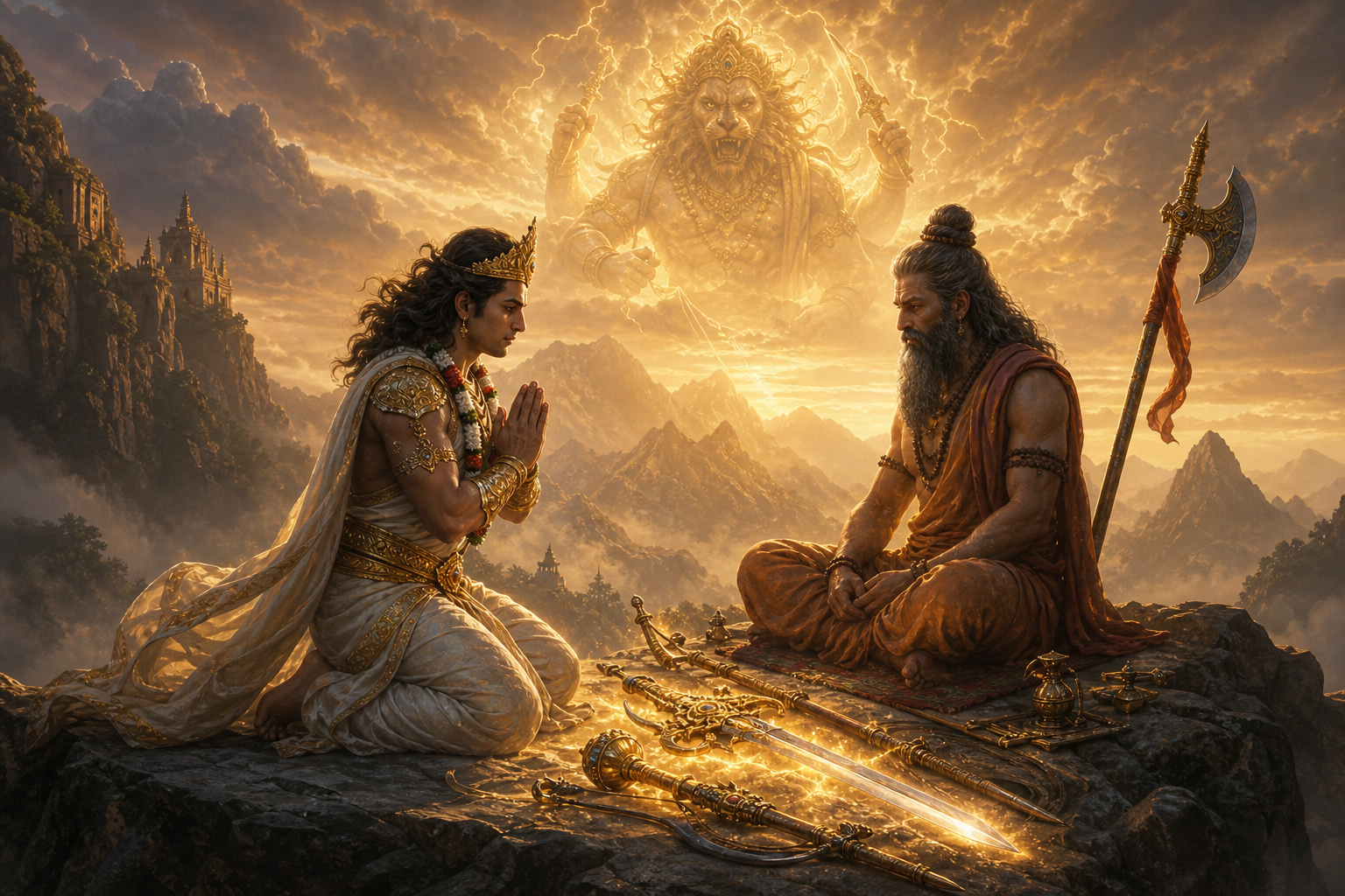 Kalki meeting Parashurama on a misty Mahendra mountain ledge with divine weapons, Narasimha's presence echoing in the background