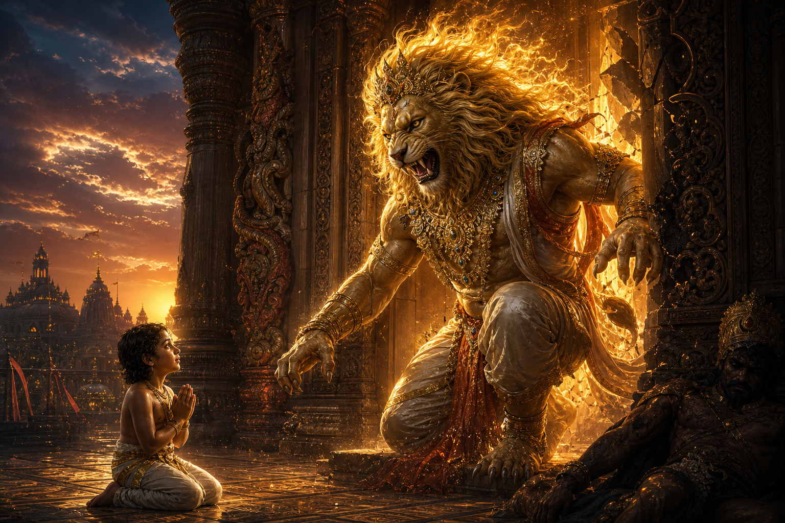 Lord Narasimha emerging at twilight on the palace threshold to protect devotee Prahlada with focused righteous fury