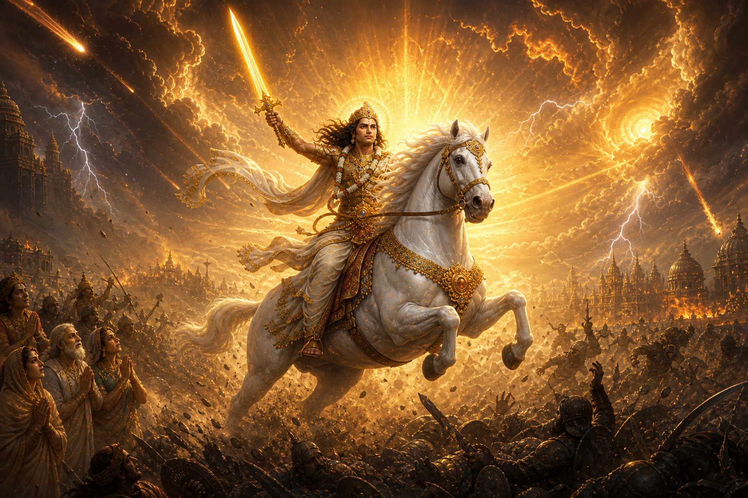 Kalki dramatically mounting white horse Devadatta with blazing sword as celestial omens fill the sky and corrupt armies flee