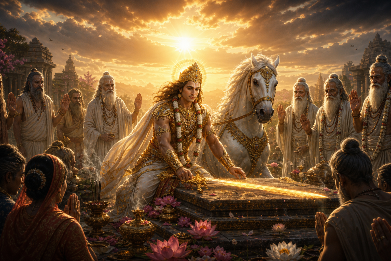 Kalki laying down his sword as sages and devotees surround him, righteous anger melting into compassionate peace