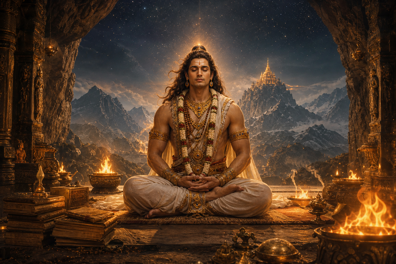 Kalki in meditation at Shambhala near Mahendragiri surrounded by sacred fires and Vedas, the hidden guardian before final descent