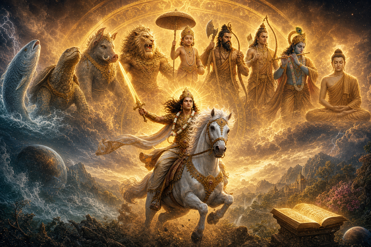 Cosmic vision of all ten Dashavatara avatars in evolutionary arc culminating with Kalki on white horse at center