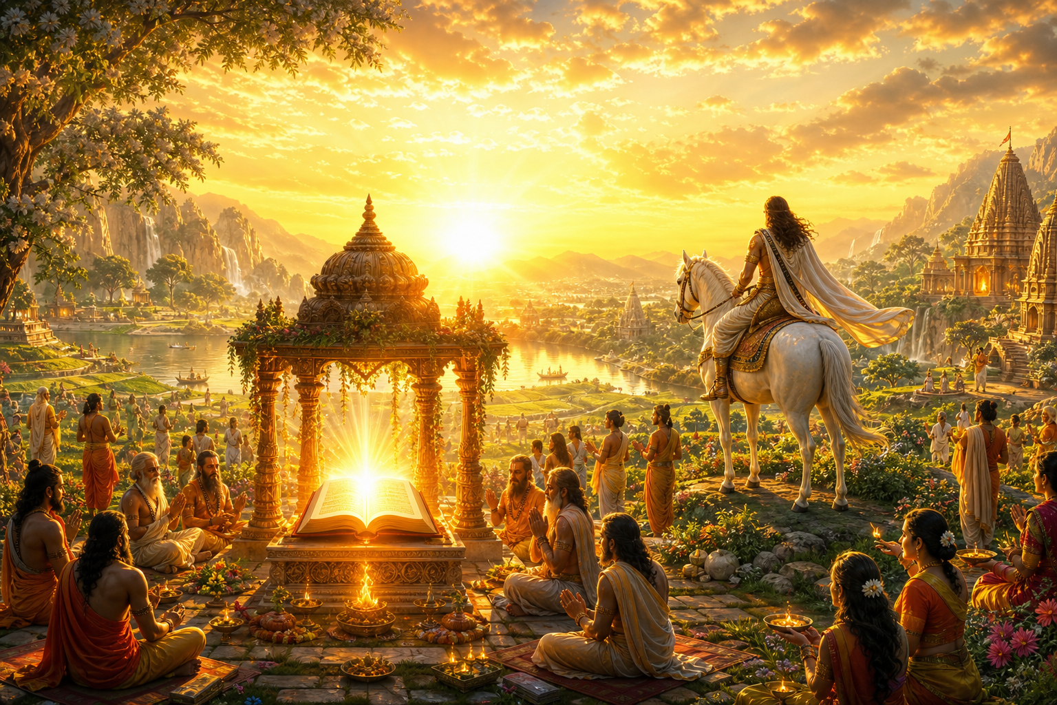 Golden dawn of new Satya Yuga with renewed earth, restored temples, glowing Vedas, and Kalki silhouetted peacefully against the horizon