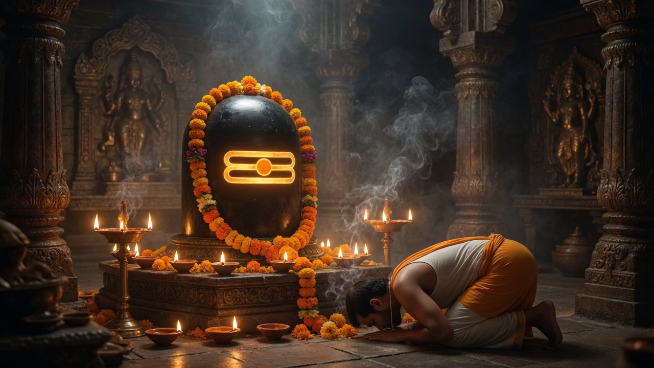 Shiva linga shrine with devotee — sacred painting
