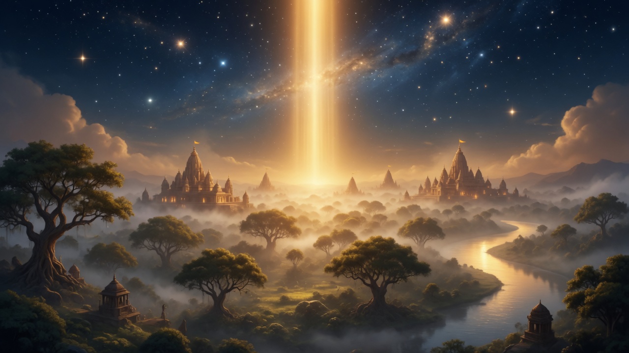 Pillar of sacred light over primordial Kashi forest and river