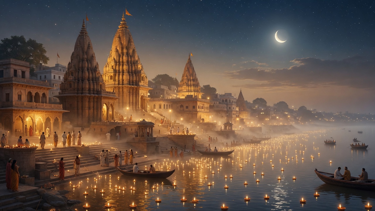 Sacred Ganga ghats of Kashi — cinematic mythic painting