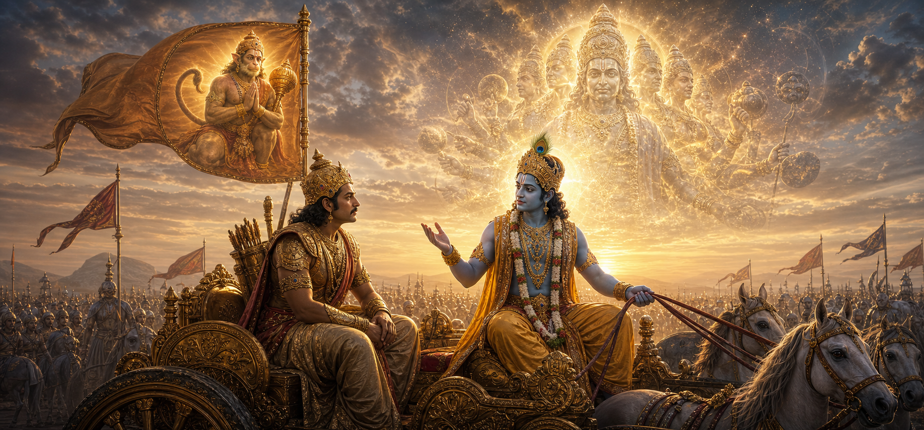 Krishna teaching the Bhagavad Gita to Arjuna on the Kurukshetra chariot with Hanuman on the battle standard