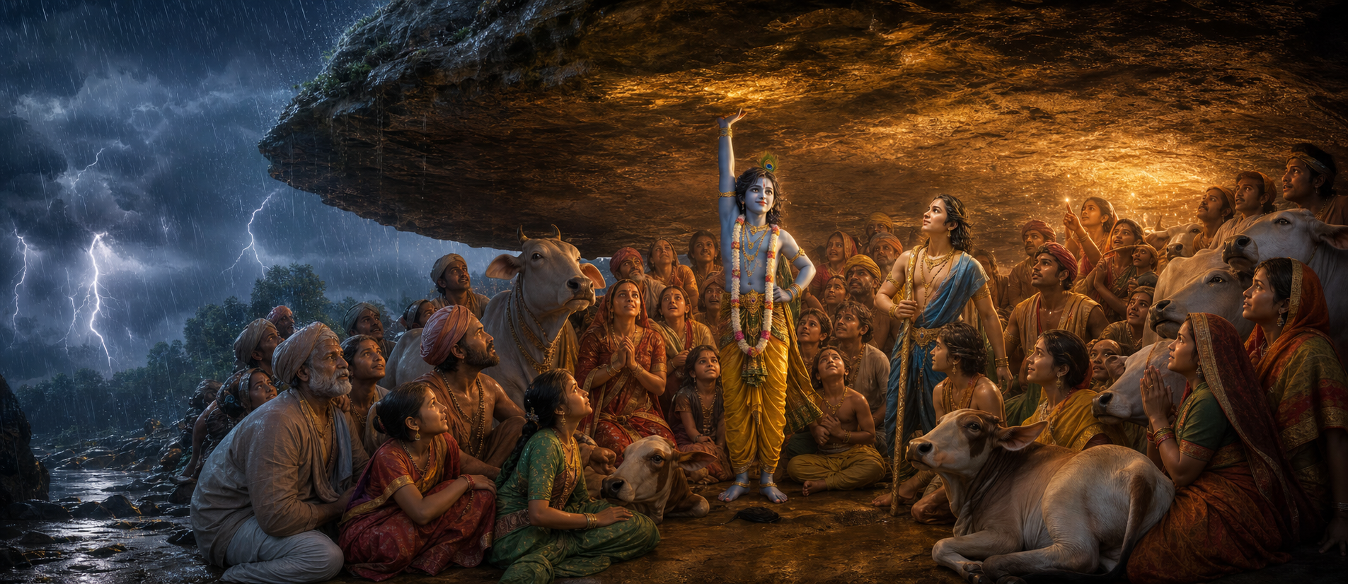 Young Krishna lifting Govardhana hill to shelter Vrindavan's people and cows from Indra's storm