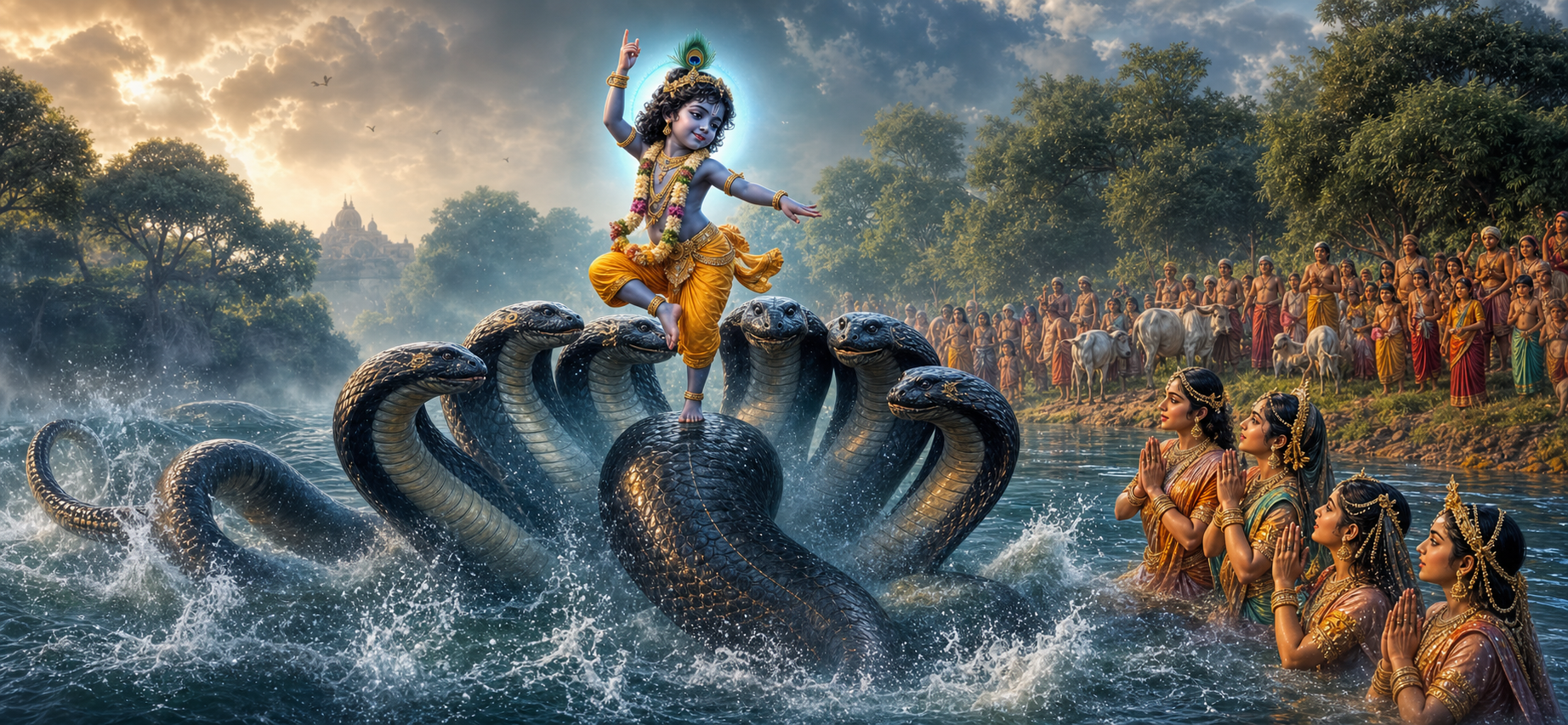 Child Krishna dancing on Kaliya's hoods in the Yamuna while the Nagapatnis pray and Vrindavan watches