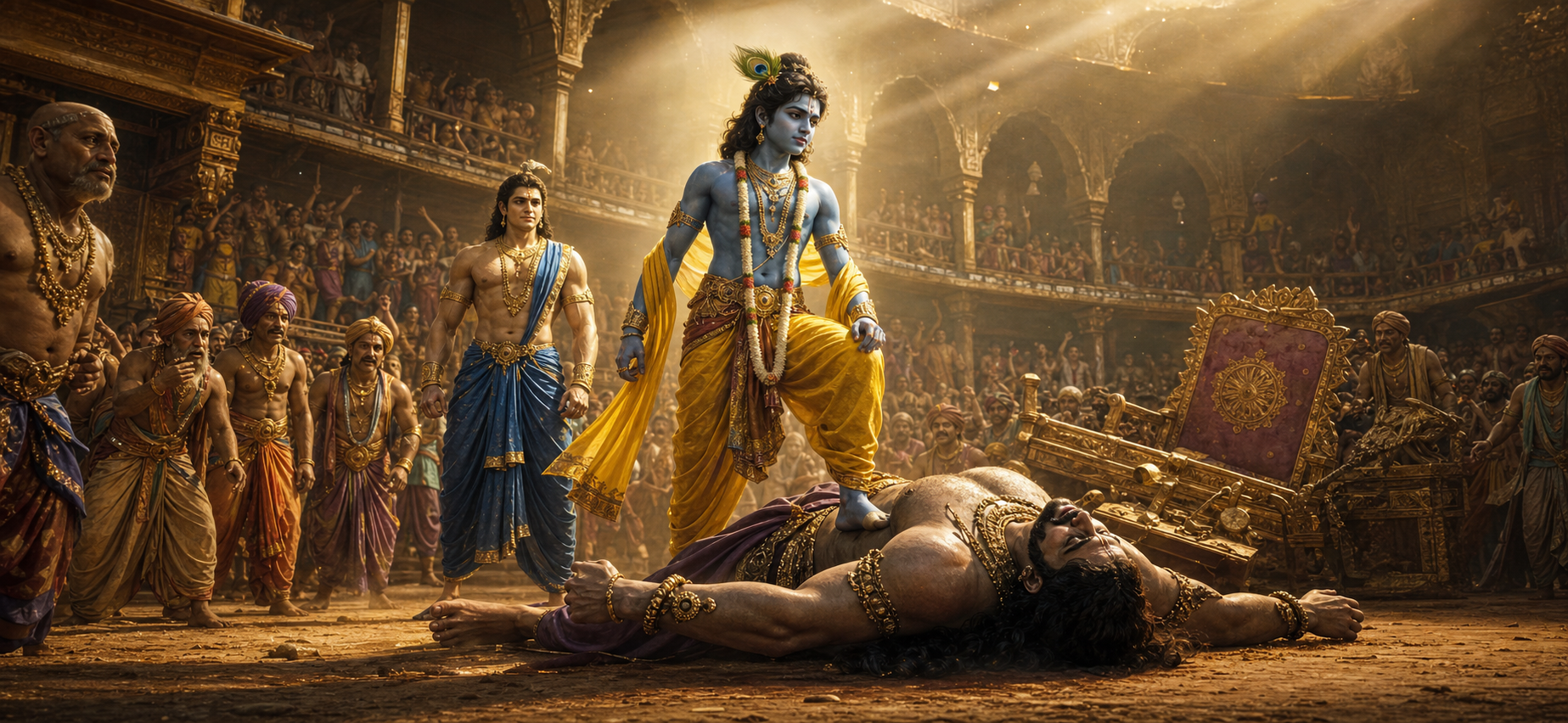 Krishna defeating Kamsa in the royal arena of Mathura while Balarama and the people witness the end of tyranny